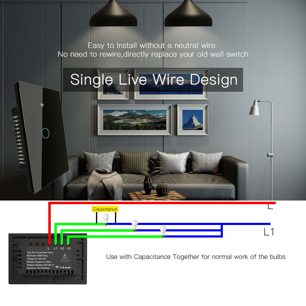 Interruptor inteligente wifi - Interruptor táctil negro, 1 circuito, Interruptor diseño minimalista - Imagen 4