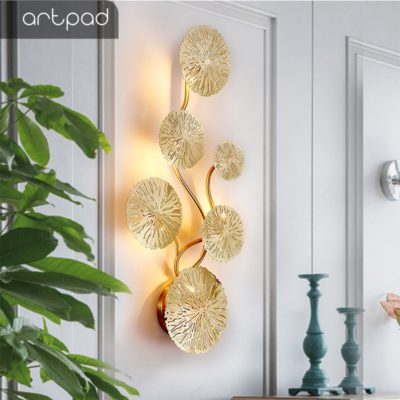 Espectacular aplique de pared diseño en latón dorado, forma de flor de loto estilo Vintage porta G4