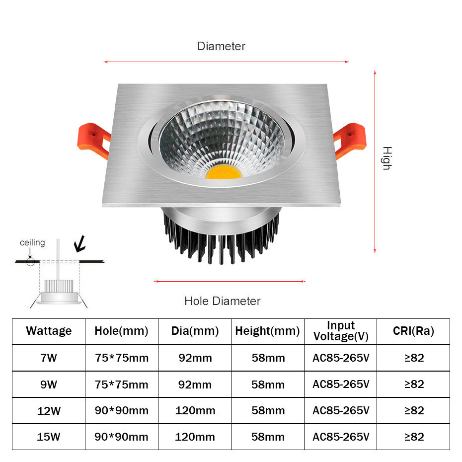 Luz LED regulable para techo 7W 9W 12W 15W bombilla Led para dormitorio cocina interior luces LED cuadradas luces empotrables de techo - Imagen 2