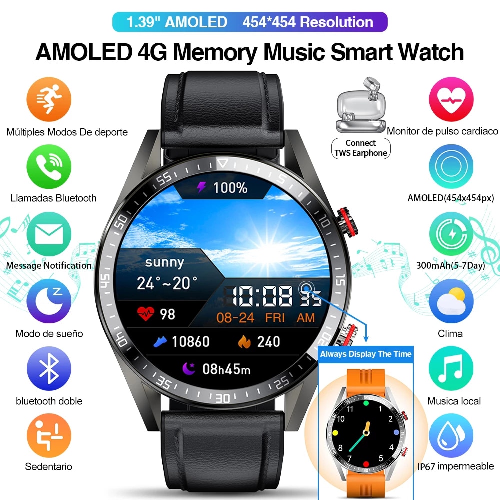 Reloj Inteligente Hombre, Pantalla AMOLED - 454 x 454 px - Smartwatch con Bluetooth, Llamadas Locales, Música Auriculares, Android, Novedad 2022 - Imagen 2