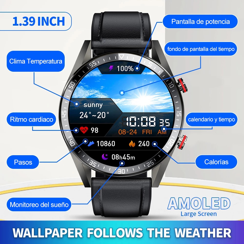 Reloj Inteligente Hombre, Pantalla AMOLED - 454 x 454 px - Smartwatch con Bluetooth, Llamadas Locales, Música Auriculares, Android, Novedad 2022 - Imagen 3