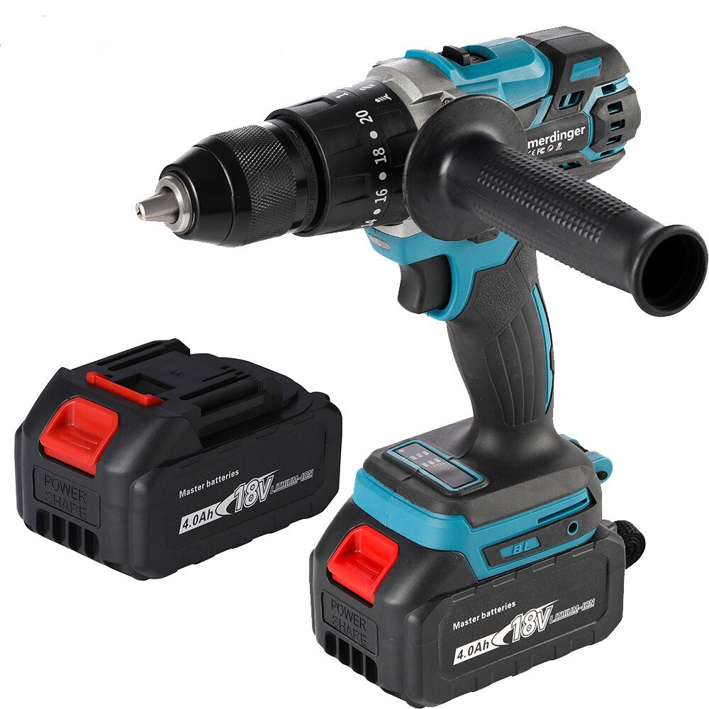 Taladro de impacto sin escobillas, con 2 baterías de 4Ah 18V, Atornillador